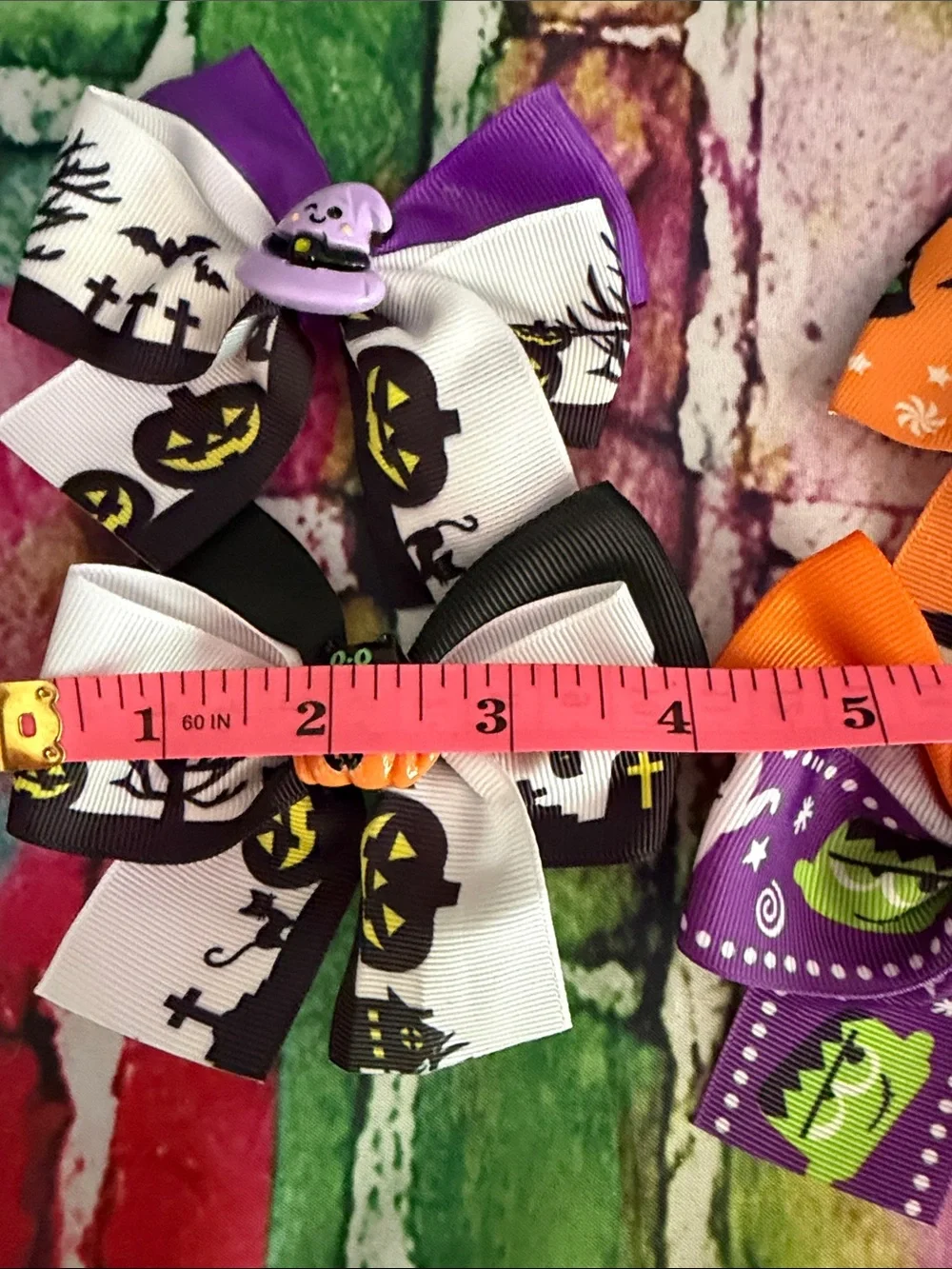 Halloween Kids Ribbon Hair Bows - Orange, Purple, Black, White